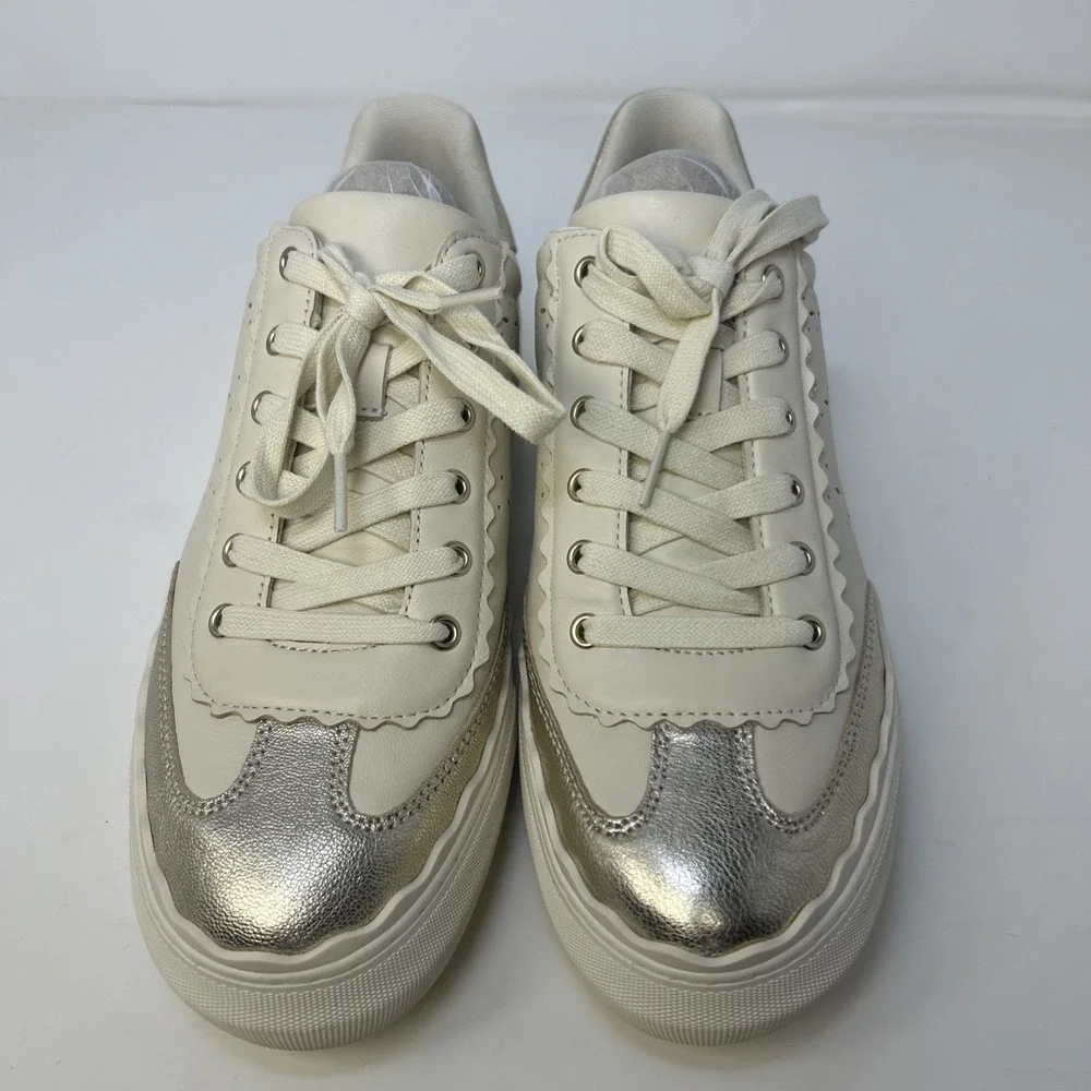 Vince Camuto Jenlie Platform Sneakers White Leather Scalloped Metallic Size 11 M